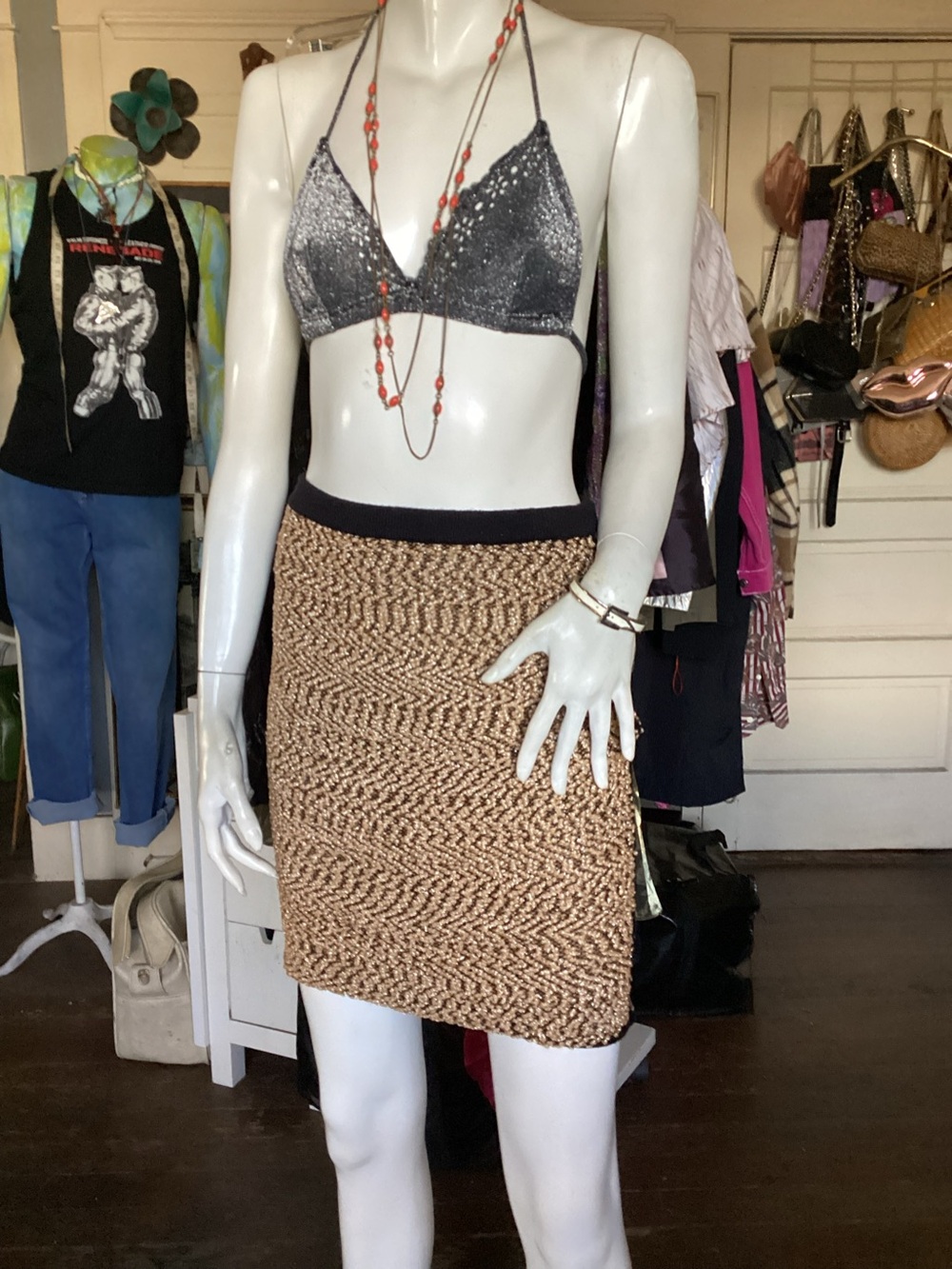 Woven Knit Mini Skirt in gold and Black from Carmen Marc Valvo